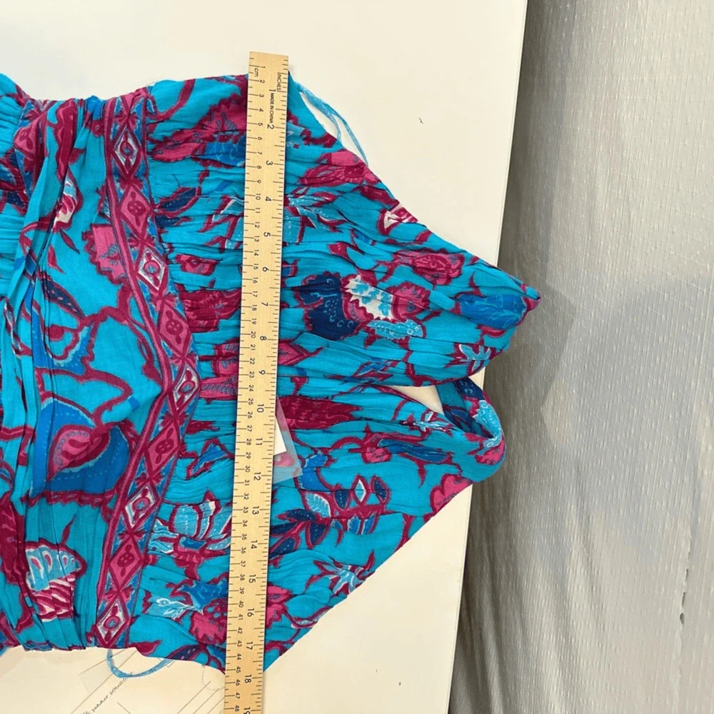 Caroline Constas Halter Fit Flare Smocked Maxi Dress XL Turquoise Gauze Cotton - Picture 6 of 16